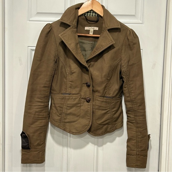 Free People Jackets & Blazers - FREE PEOPLE Moto Jacket Olive Army Green Military Coat Leather Trim Buttons Sz 4